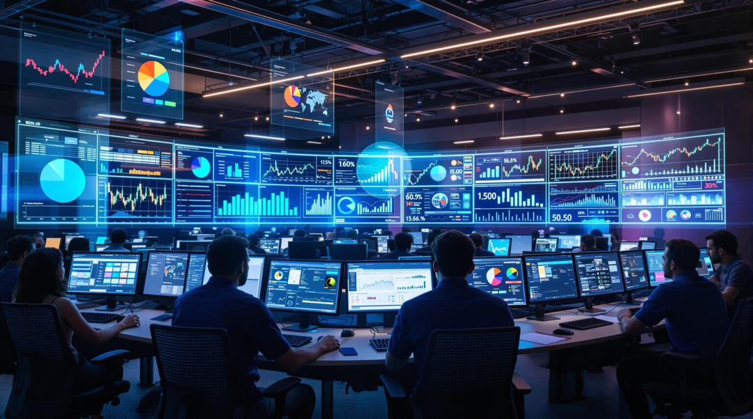 Analyst in front of market data screens